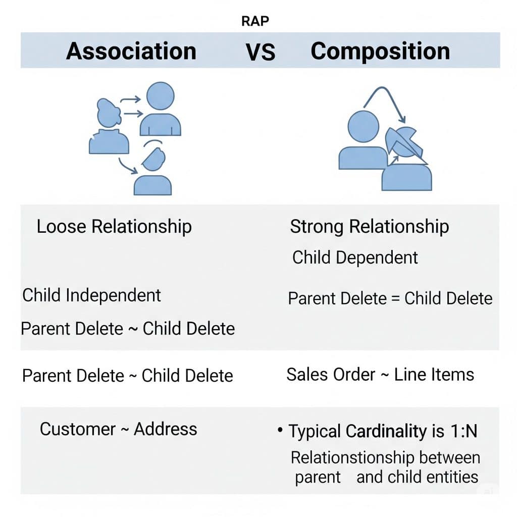 ABAP RAP Composition vs Association,ABAP RAP business objects,Composition vs Association in ABAP,SAP CDS Composition Association,ABAP RAP data modeling